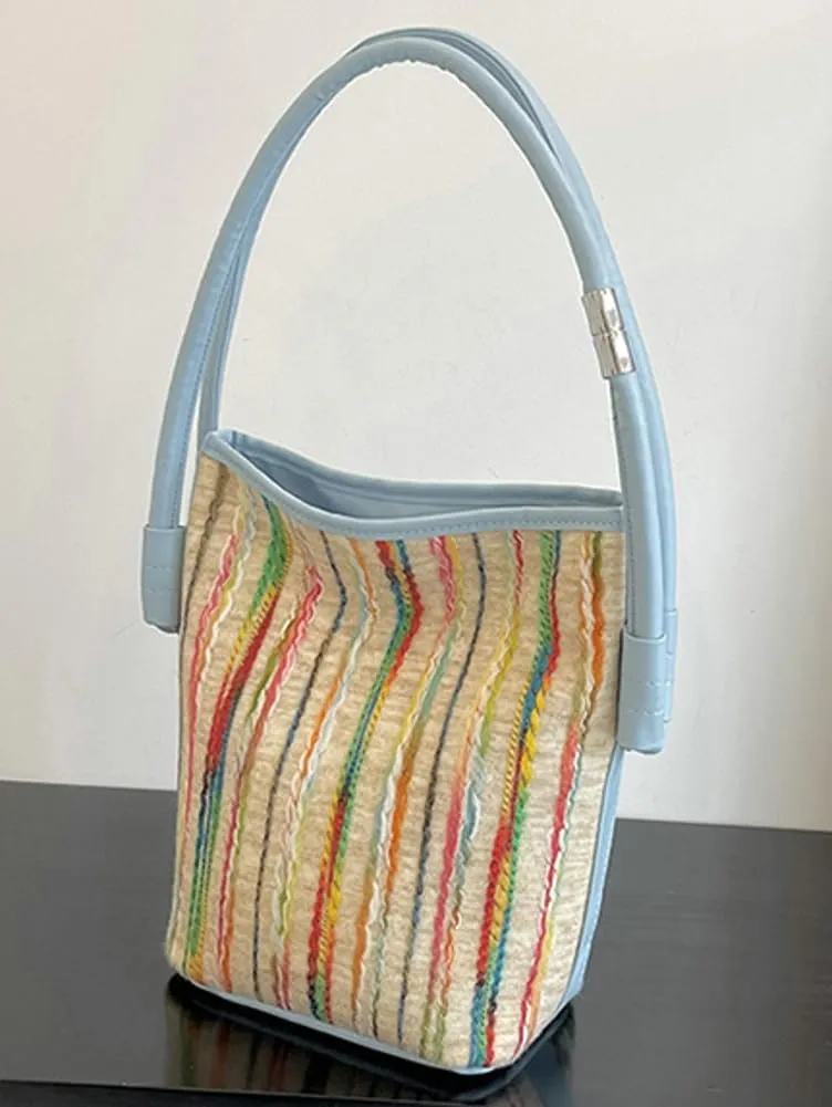 Womens Striped Hobo Bag Chic Colorful Bucket Bag Canvas Shoulder Bags Casual Large Top Handle Handbag