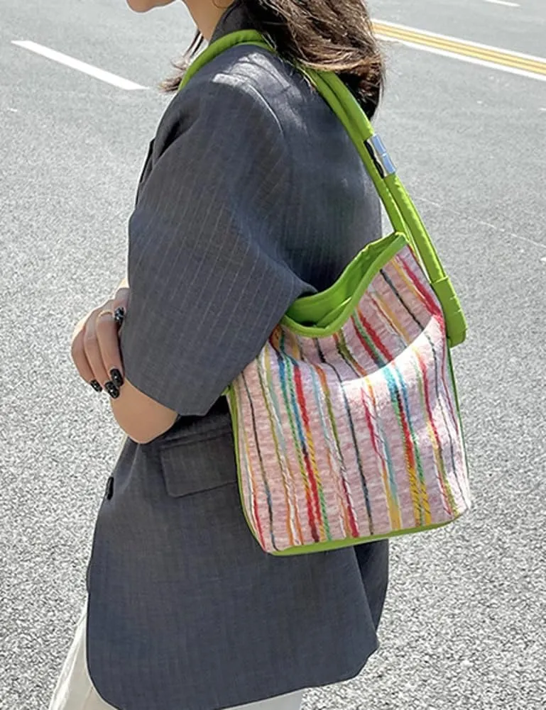 Womens Striped Hobo Bag Chic Colorful Bucket Bag Canvas Shoulder Bags Casual Large Top Handle Handbag