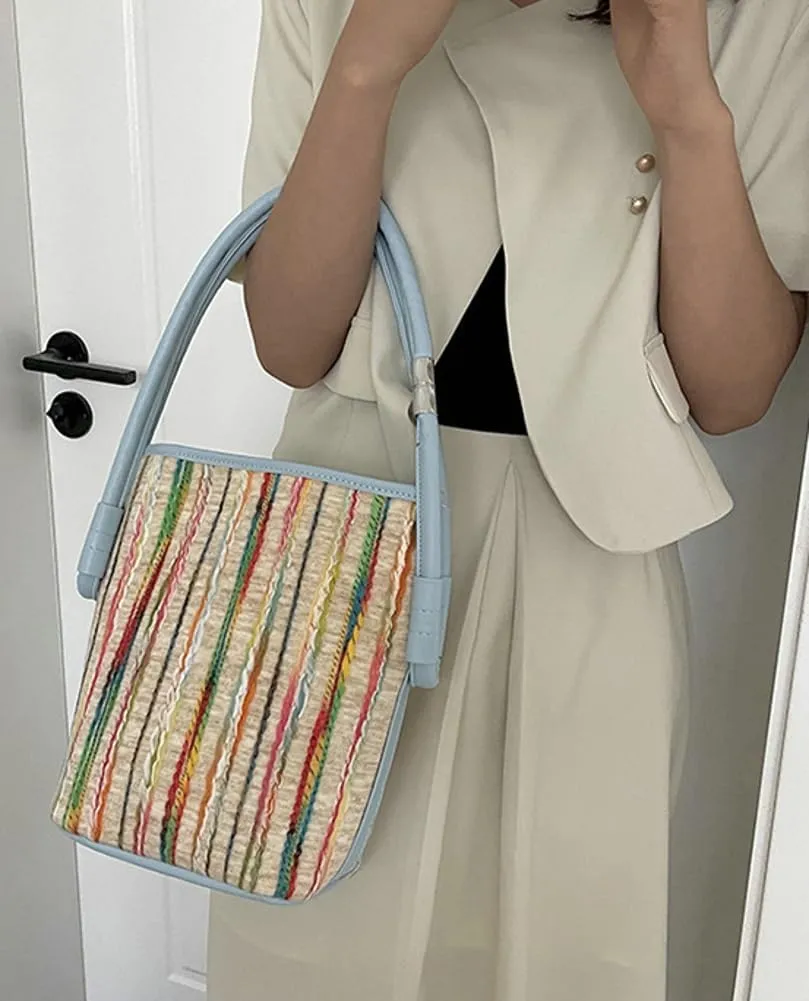 Womens Striped Hobo Bag Chic Colorful Bucket Bag Canvas Shoulder Bags Casual Large Top Handle Handbag