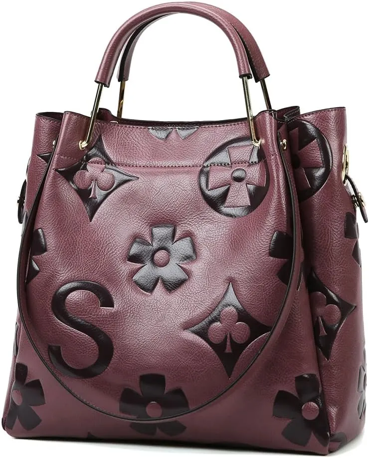Women's Top Handle Handbags Leather Tote Bag for Women Trendy Bucket Bag Floral Embossed Shoulder Satchel Purses