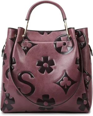 Women's Top Handle Handbags Leather Tote Bag for Women Trendy Bucket Bag Floral Embossed Shoulder Satchel Purses