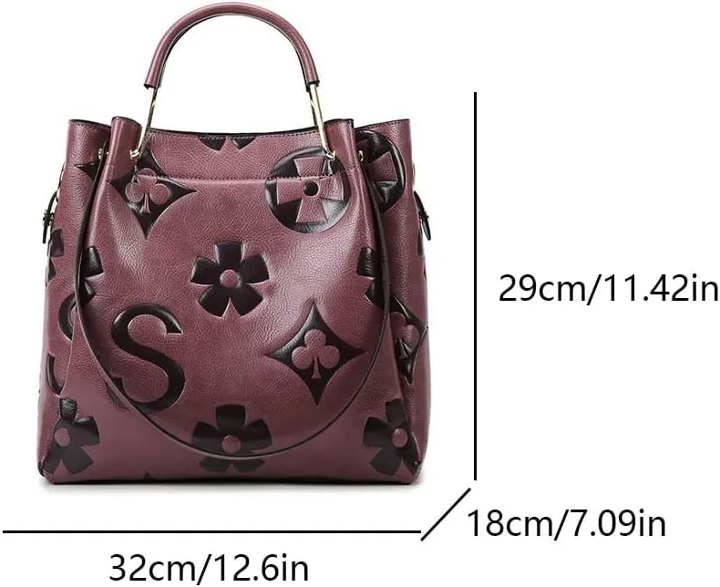 Women's Top Handle Handbags Leather Tote Bag for Women Trendy Bucket Bag Floral Embossed Shoulder Satchel Purses