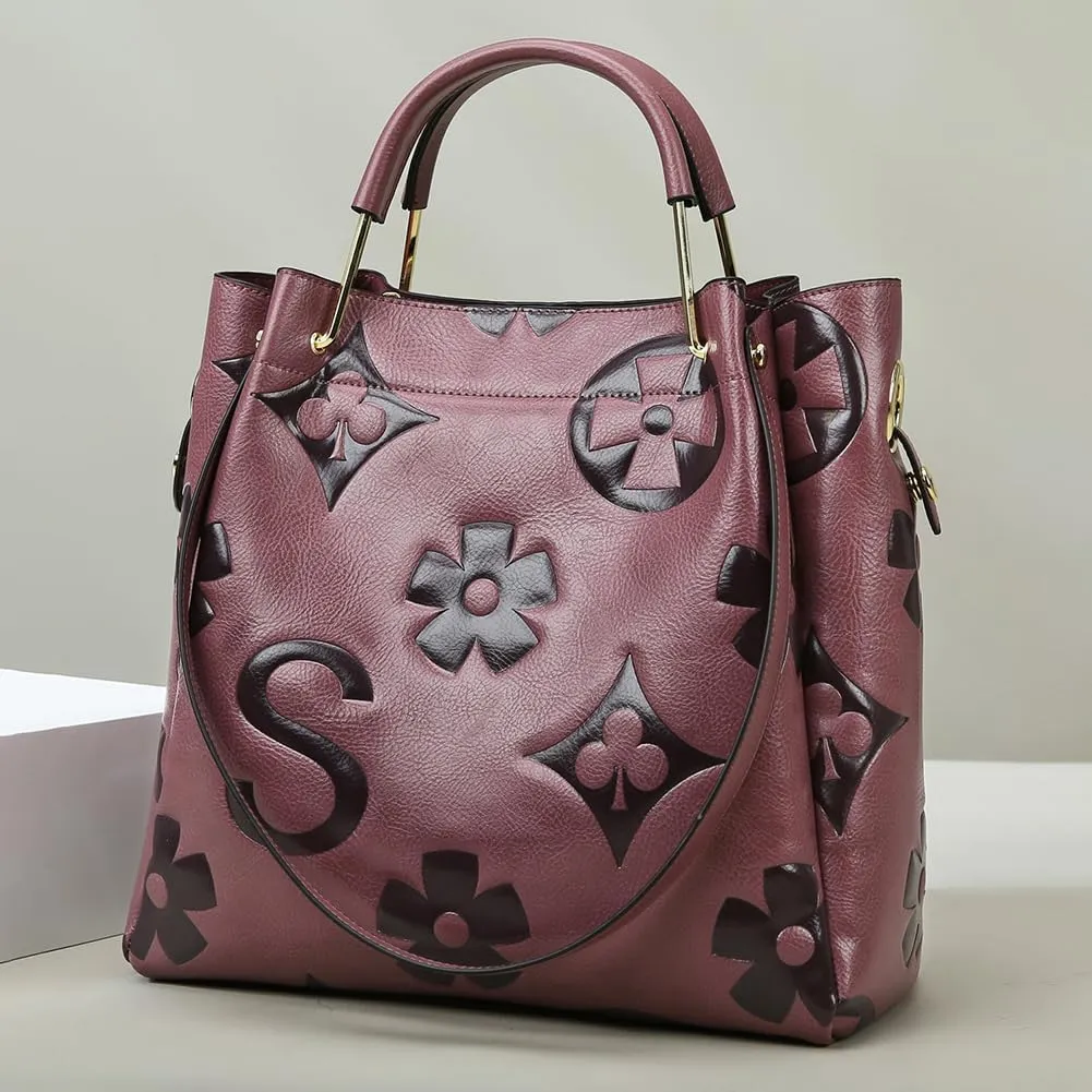Women's Top Handle Handbags Leather Tote Bag for Women Trendy Bucket Bag Floral Embossed Shoulder Satchel Purses