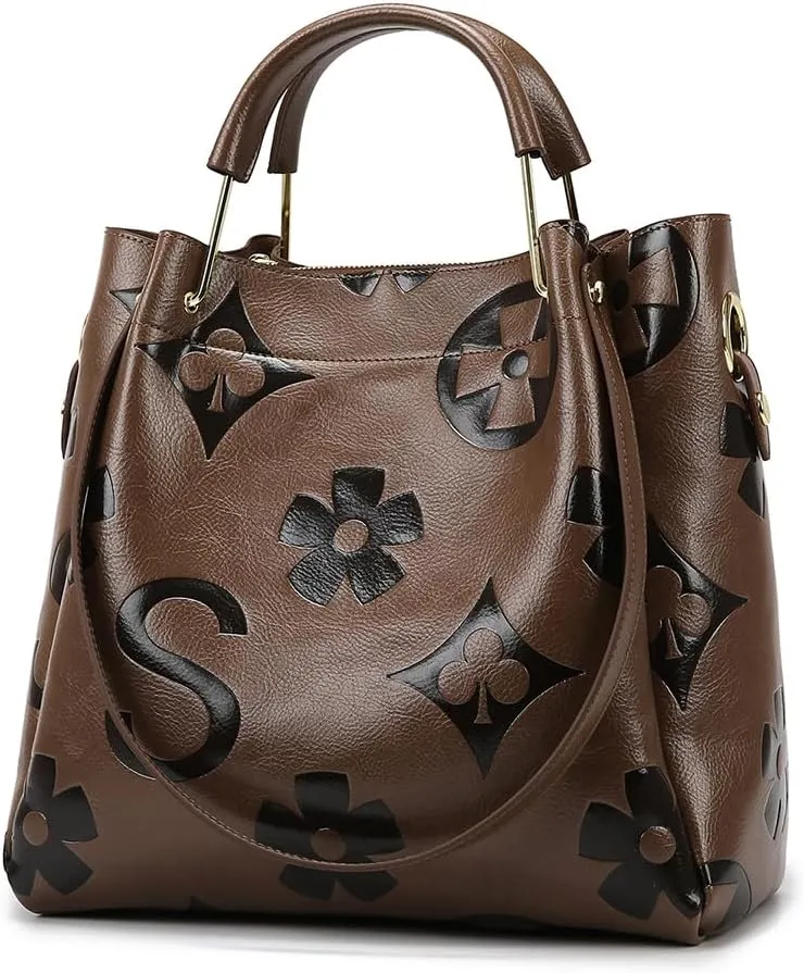 Women's Top Handle Handbags Leather Tote Bag for Women Trendy Bucket Bag Floral Embossed Shoulder Satchel Purses