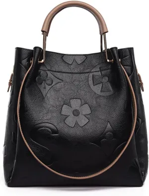 Women's Top Handle Handbags Leather Tote Bag for Women Trendy Bucket Bag Floral Embossed Shoulder Satchel Purses