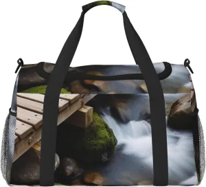 Wooden Bridge Stream Water Print Travel Duffle Bag - Foldable Personal Item Travel Bag for Women & Men,Carry-On Convertible Crossbody Tote Bags with Adjustable Shoulder Strap & Pockets 13x10.2x19.7 in