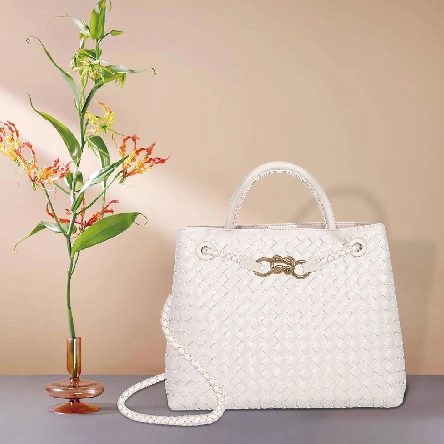 Woven Tote Bag for Women Crossbody Handbag,Vegan Leather Large Tote Purse,Trendy Satchel Handbag Bowknot Shoulder Bag