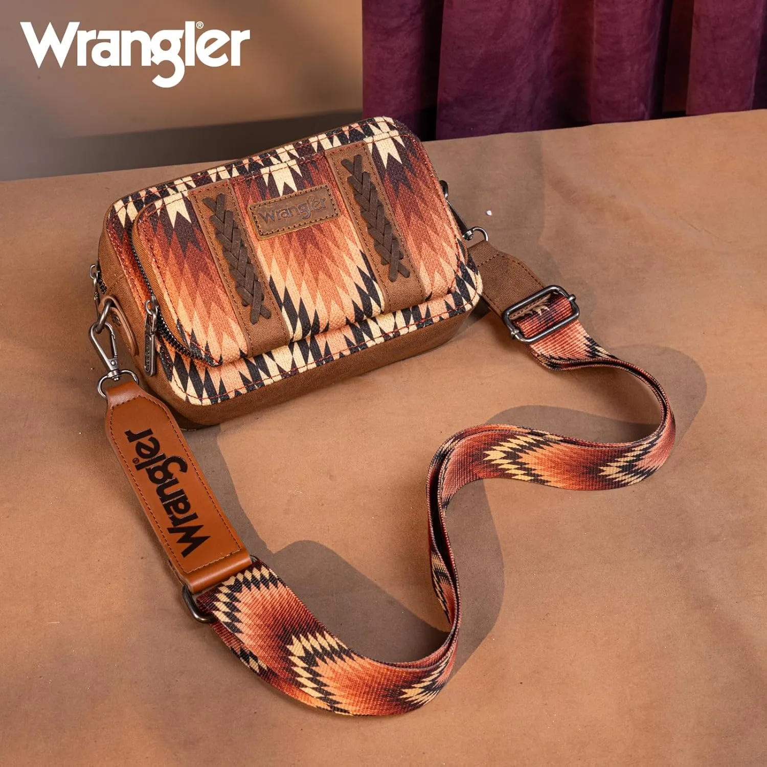 Wrangler Aztec Crossbody Bag for Women Multi Pocket Shoulder Bag Boho Cross Body Wallet Purse