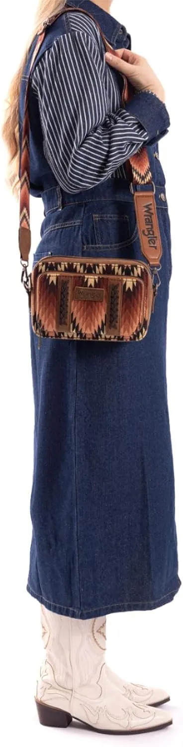 Wrangler Aztec Crossbody Bag for Women Multi Pocket Shoulder Bag Boho Cross Body Wallet Purse