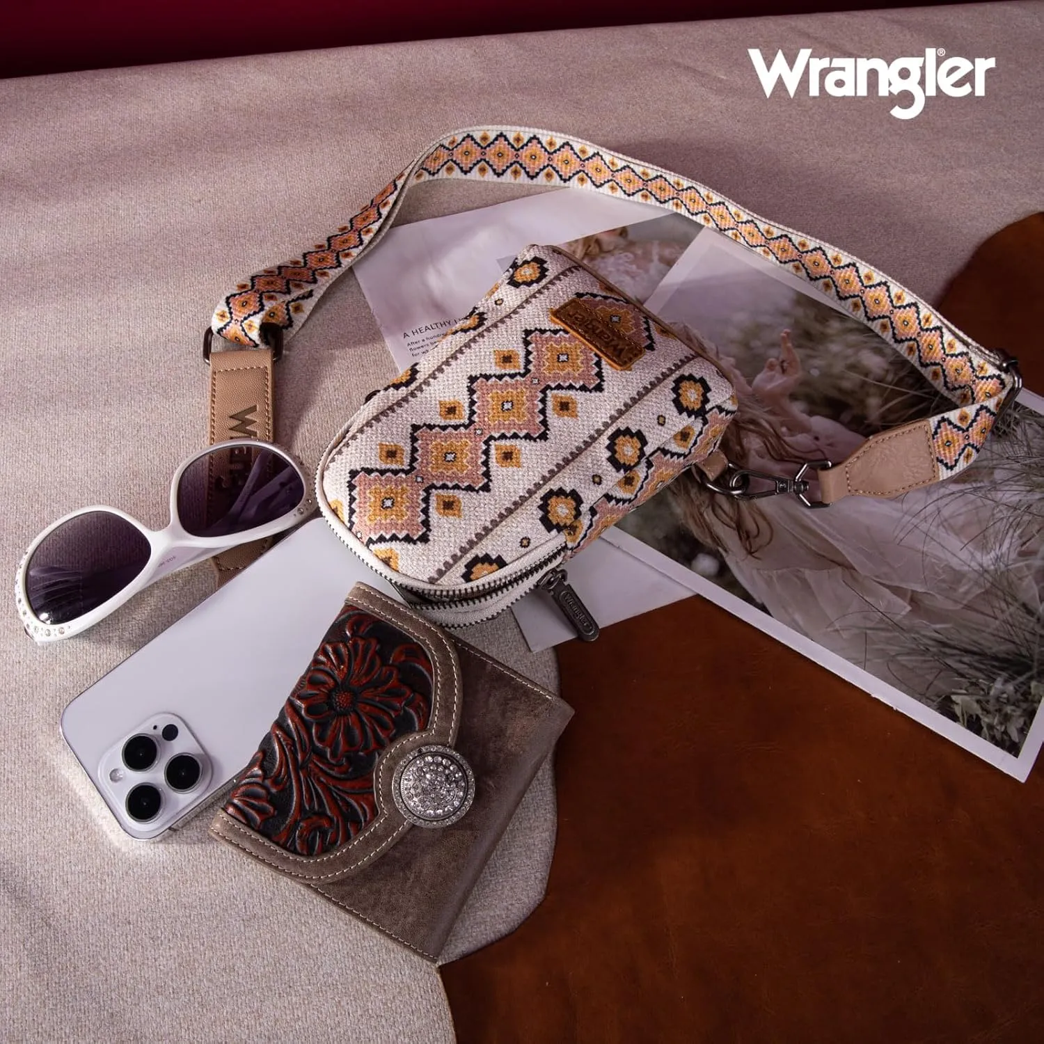 Wrangler Aztec Crossbody Sling Bags for Women Southwestern Print Purse with Detachable Strap