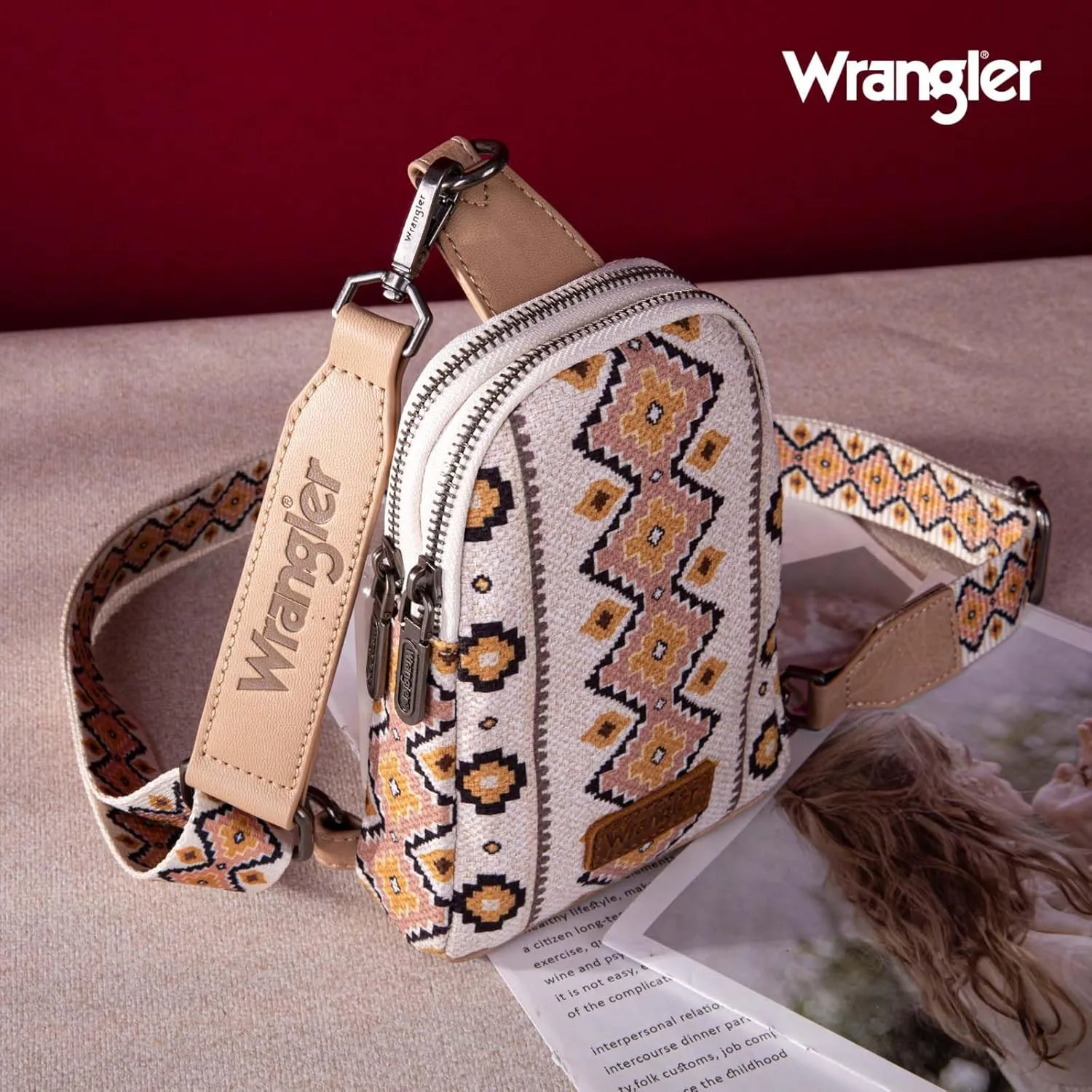 Wrangler Aztec Crossbody Sling Bags for Women Southwestern Print Purse with Detachable Strap
