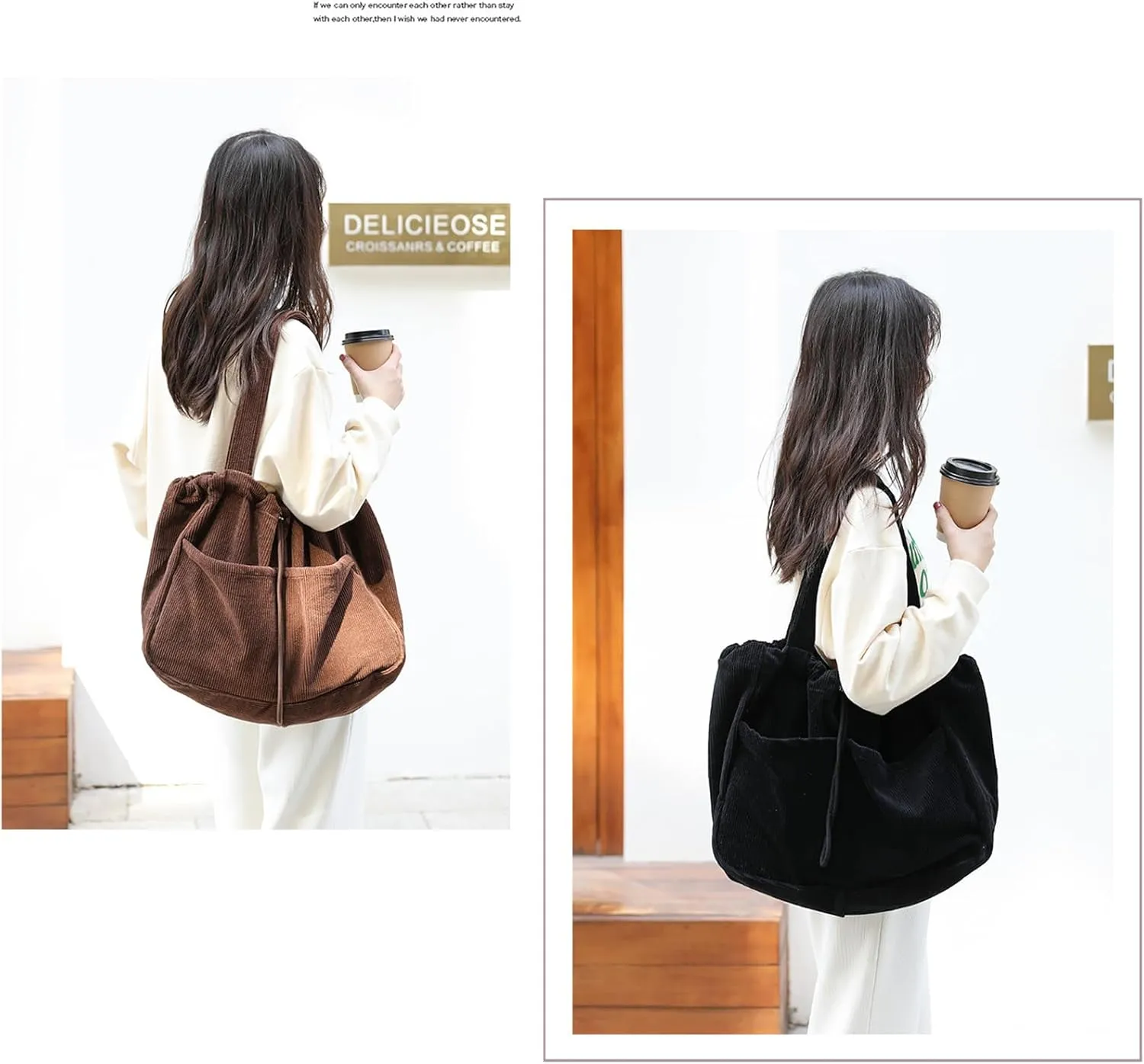 WYCY Corduroy Tote Bag for Women, Large Capacity Corduroy Bag Work Drawstring Bags with Inner Pocket Office Tote Handbag