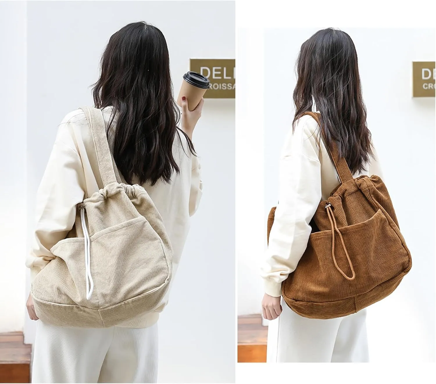 WYCY Corduroy Tote Bag for Women, Large Capacity Corduroy Bag Work Drawstring Bags with Inner Pocket Office Tote Handbag