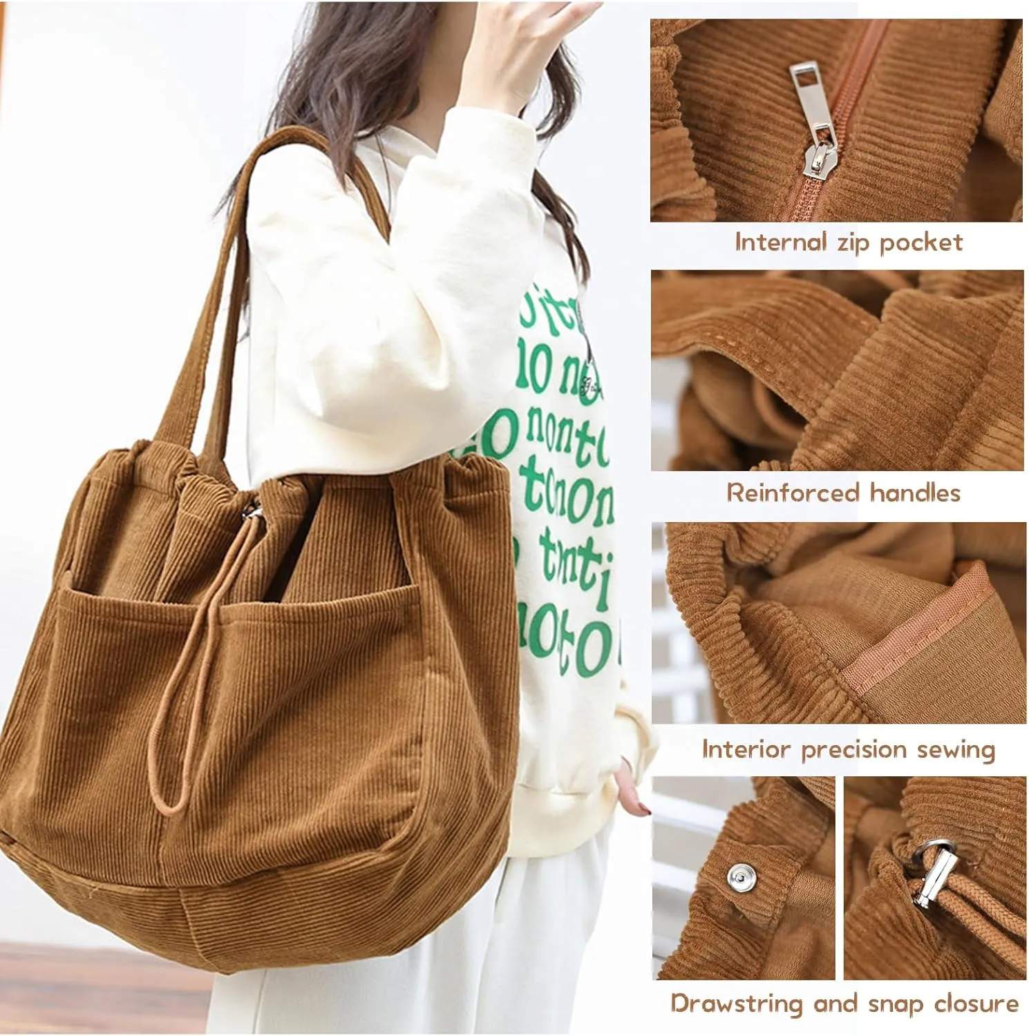 WYCY Corduroy Tote Bag for Women, Large Capacity Corduroy Bag Work Drawstring Bags with Inner Pocket Office Tote Handbag