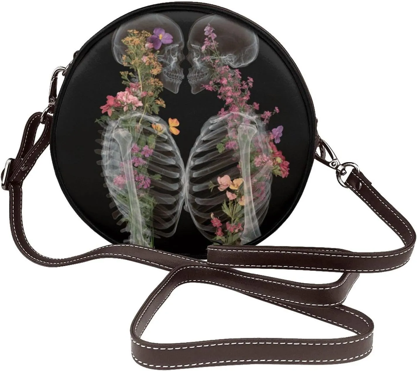 X-Ray Scan Of Two Skull Flower Kissing Women Round Crossbody Bags Leather Sling Bag Purse