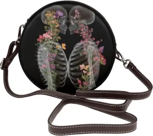 X-Ray Scan Of Two Skull Flower Kissing Women Round Crossbody Bags Leather Sling Bag Purse
