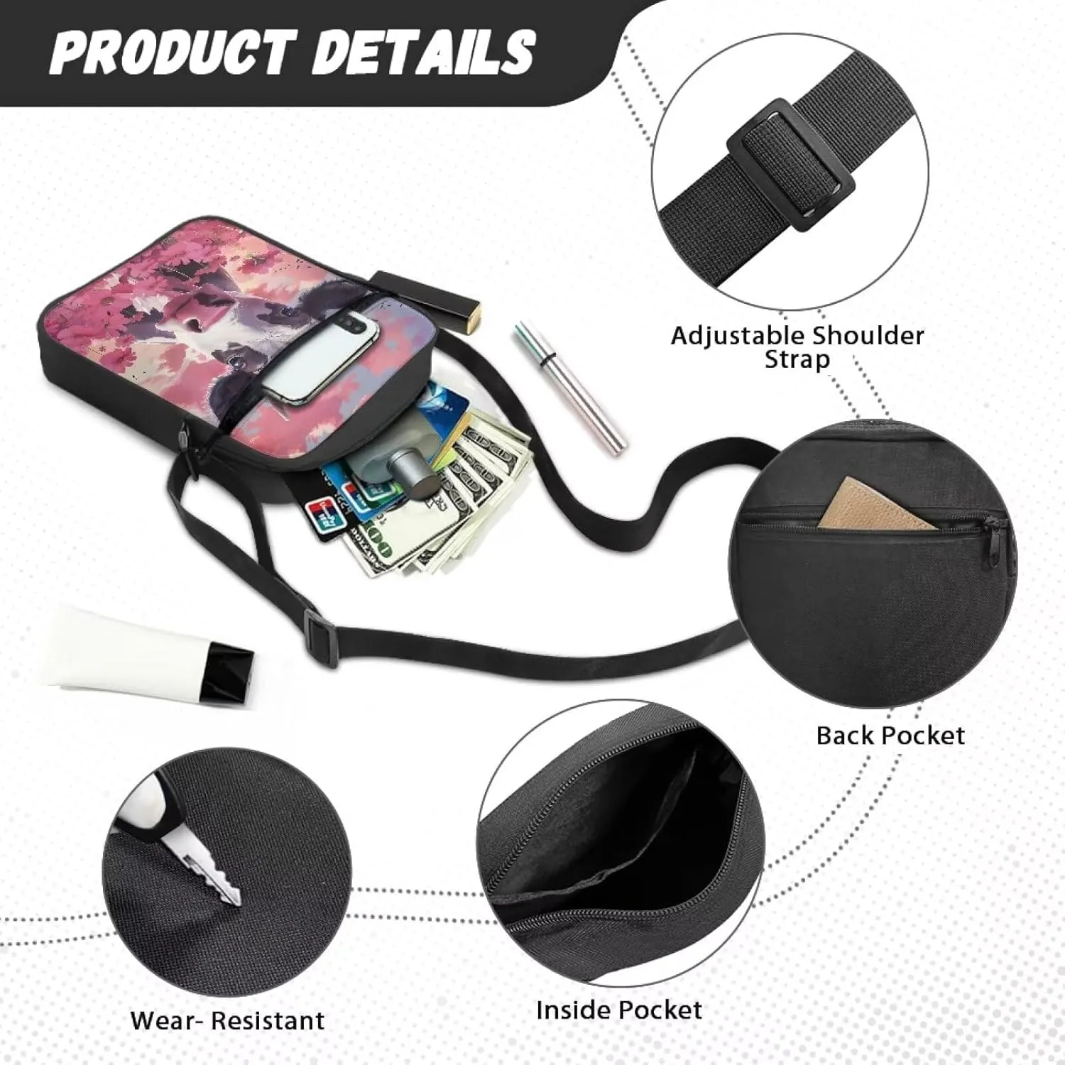 Xoenoiee Mini Messenger Bag Men Women Sling Bags with Multi Pockets Small Crossbody Bag for Walking Outing Daily