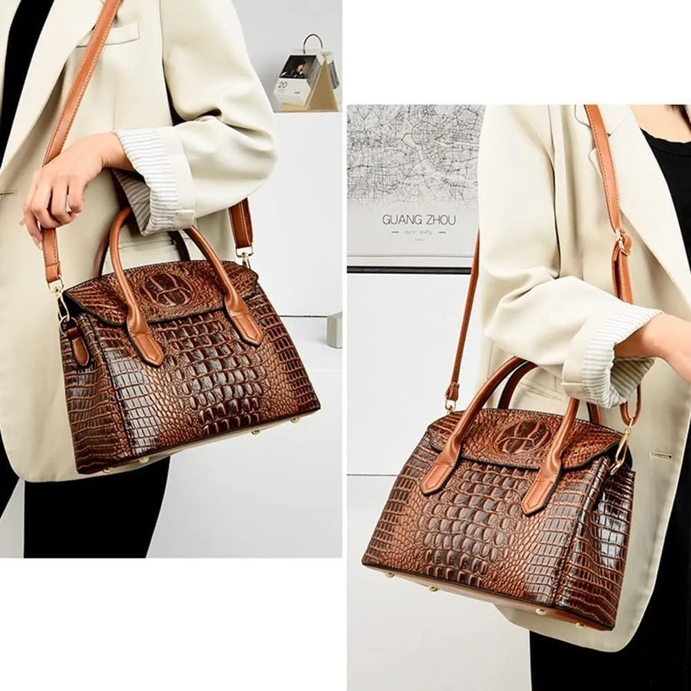 XXGJOALD-Satchel Tote Purse for Women Crocodile Pattern Embossed Top-handle Handbags Fuax Leather Shoulder Bag