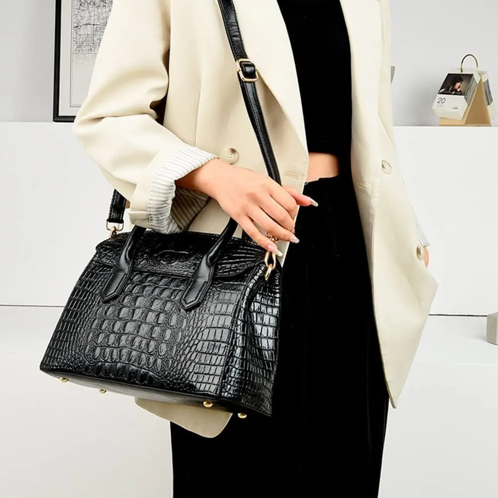 XXGJOALD-Satchel Tote Purse for Women Crocodile Pattern Embossed Top-handle Handbags Fuax Leather Shoulder Bag