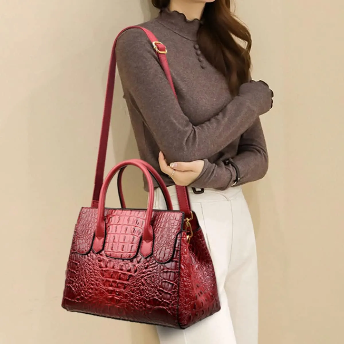XXGJOALD-Women Satchel Bag PU Leather Crocodile-Embossed Pattern With Top Handle Shoulder Bags Handbags Fashion Purses Totes