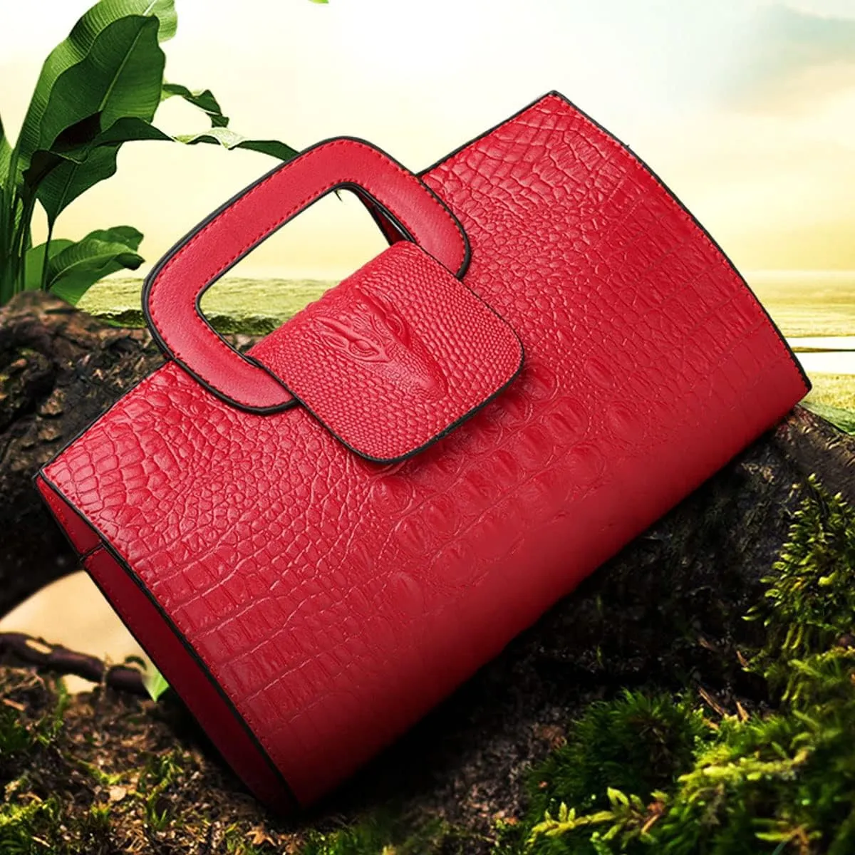 XXGJOALD-Women Satchel Handbag Crocodile Pattern Shoulder Bag Embossed Fuax Leather Purse Long Tote Top-Handle Bag Gold