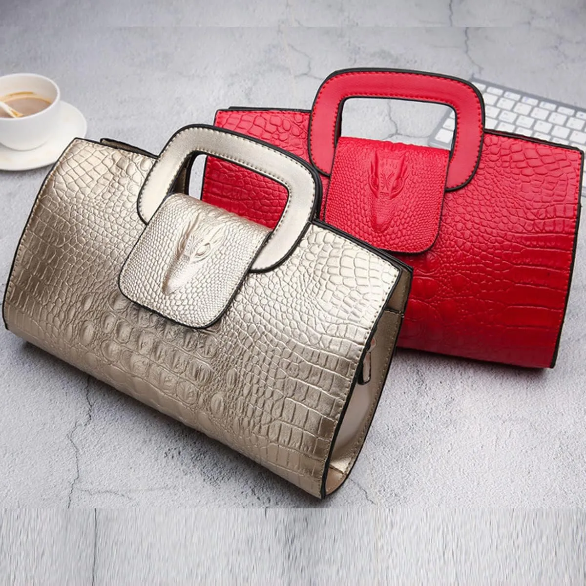 XXGJOALD-Women Satchel Handbag Crocodile Pattern Shoulder Bag Embossed Fuax Leather Purse Long Tote Top-Handle Bag Gold