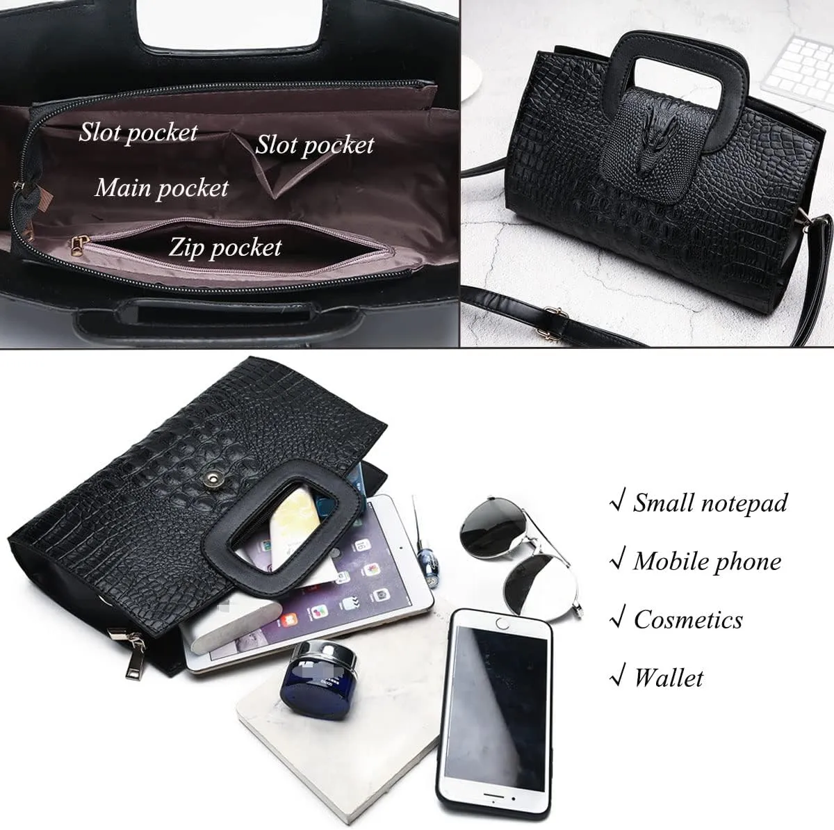 XXGJOALD-Women Satchel Handbag Crocodile Pattern Shoulder Bag Embossed Fuax Leather Purse Long Tote Top-Handle Bag Gold