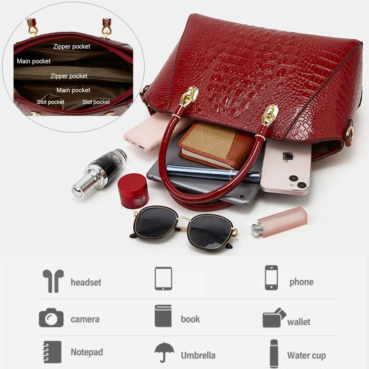 XXGJOALD-Women Shiny Patent Leather Handbags and Purses Crocodile Pattern Shoulder Bag Fashion Satchel Top Handle Tote Wallet
