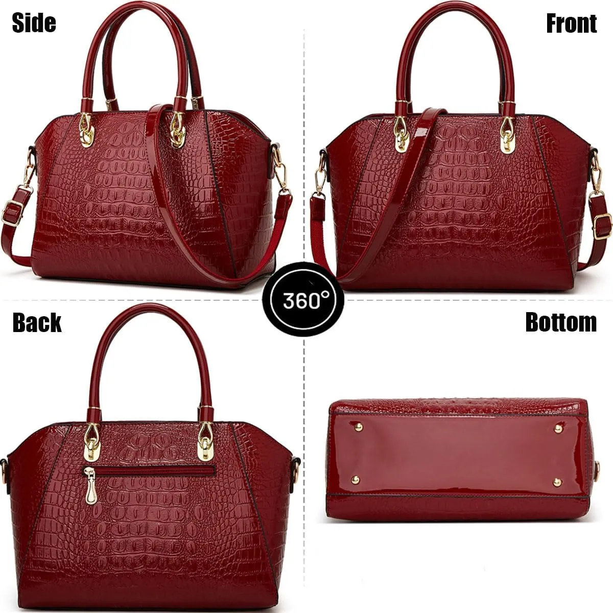 XXGJOALD-Women Shiny Patent Leather Handbags and Purses Crocodile Pattern Shoulder Bag Fashion Satchel Top Handle Tote Wallet