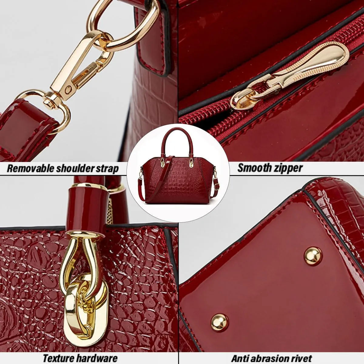 XXGJOALD-Women Shiny Patent Leather Handbags and Purses Crocodile Pattern Shoulder Bag Fashion Satchel Top Handle Tote Wallet