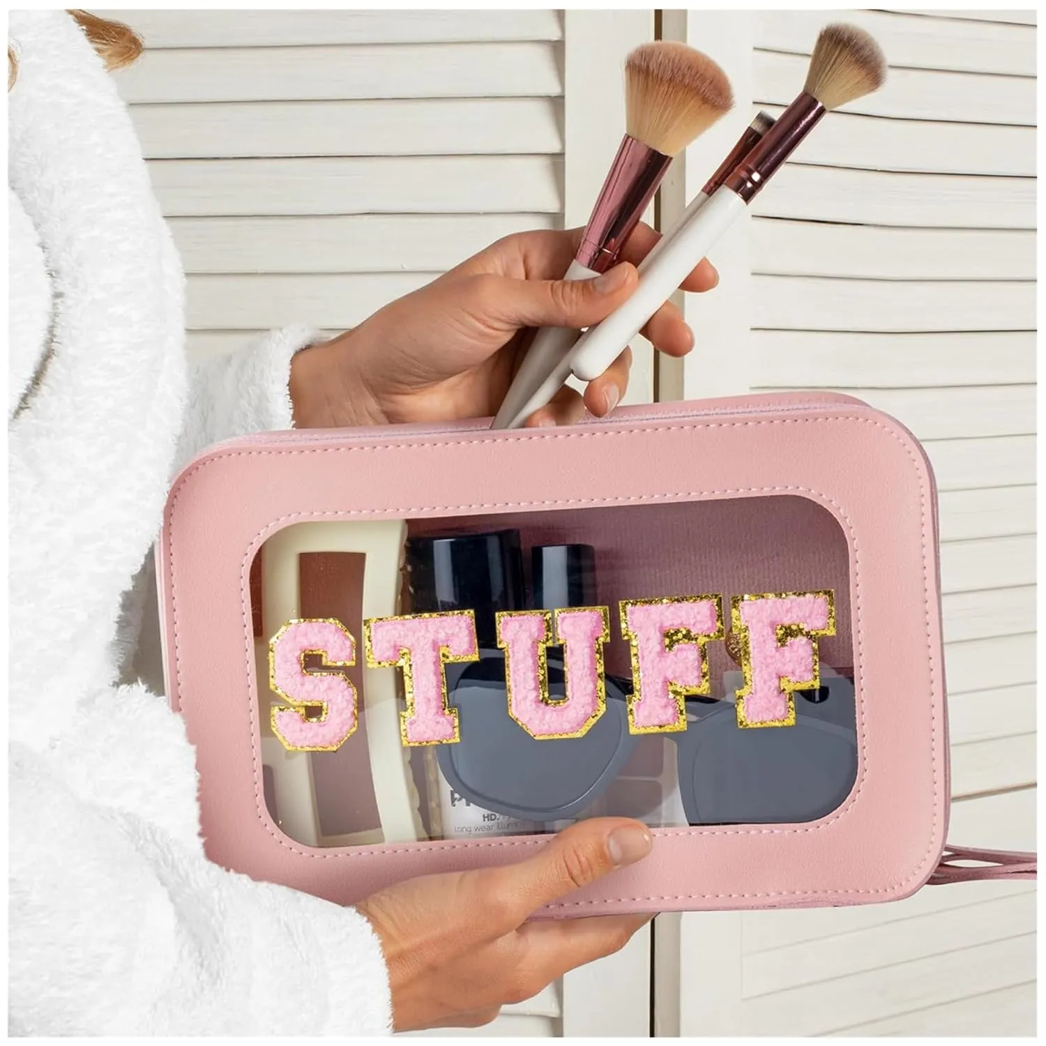 Y1tvei Makeup Bag for Women, STUFF Clear Cosmetic Bags Travel Toiletry Bag, Heavy Duty Makeup Organizer, Cute Makeup Case Bag Accessories with Clear Windows & Gold Zippers(Pink)
