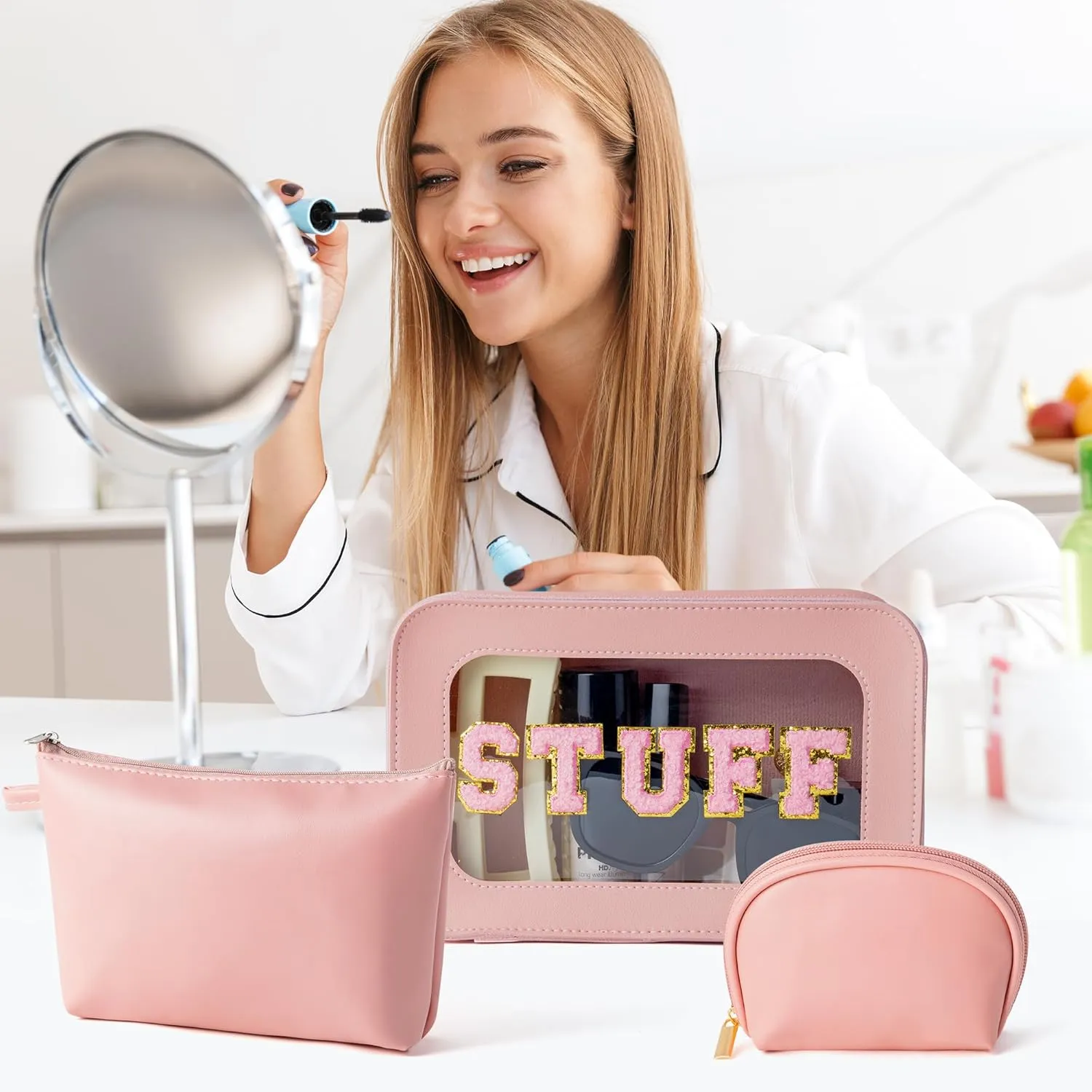 Y1tvei Makeup Bag for Women, STUFF Clear Cosmetic Bags Travel Toiletry Bag, Heavy Duty Makeup Organizer, Cute Makeup Case Bag Accessories with Clear Windows & Gold Zippers(Pink)