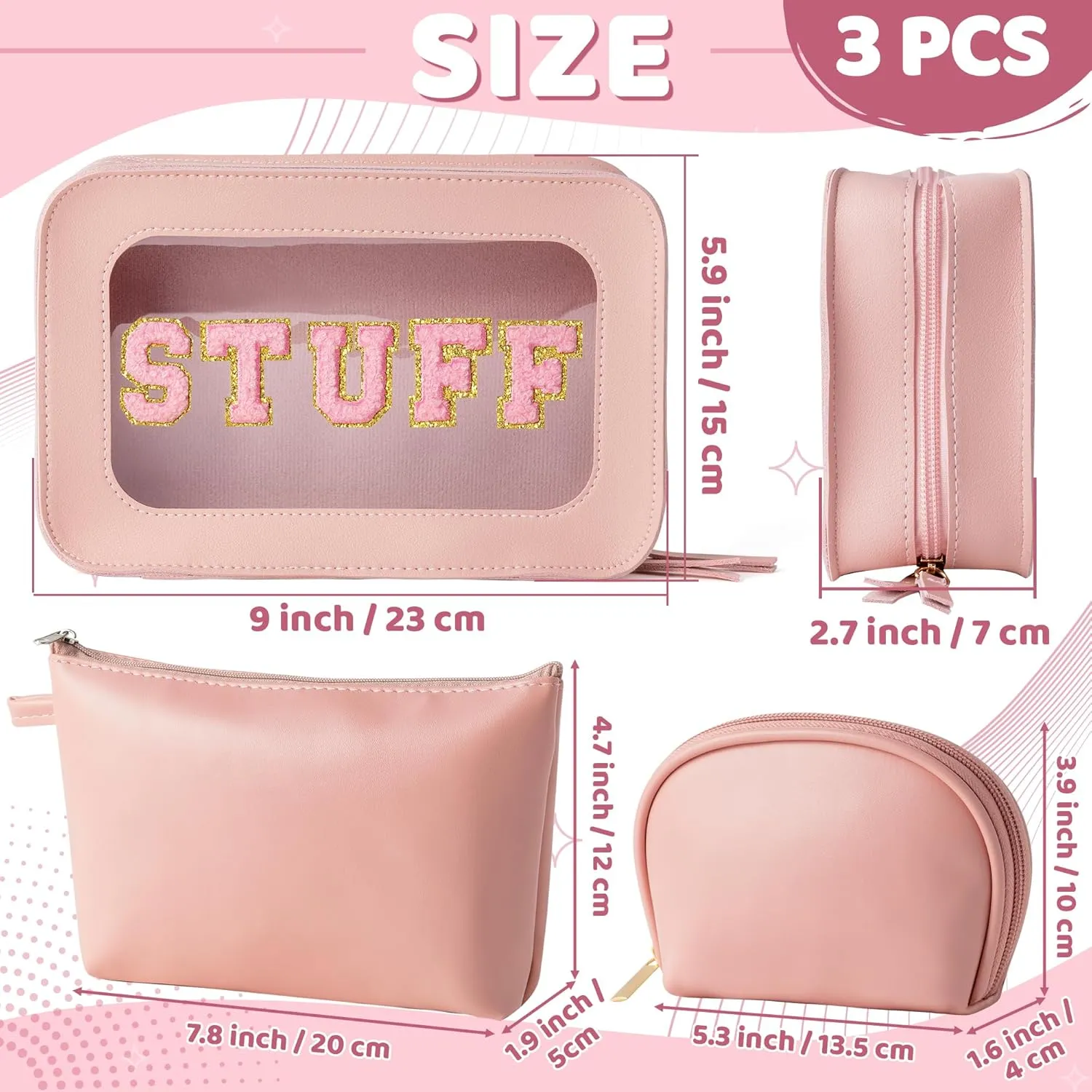 Y1tvei Makeup Bag for Women, STUFF Clear Cosmetic Bags Travel Toiletry Bag, Heavy Duty Makeup Organizer, Cute Makeup Case Bag Accessories with Clear Windows & Gold Zippers(Pink)