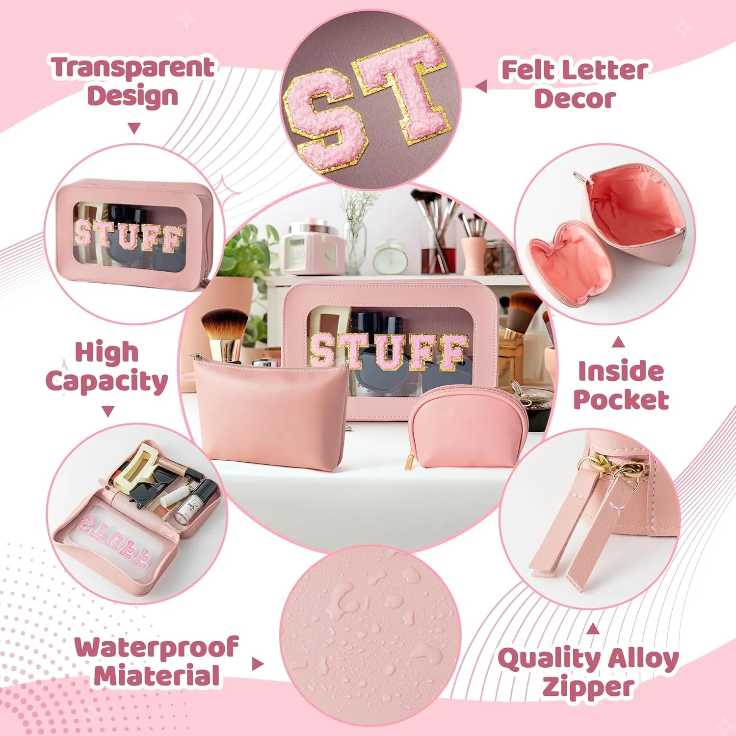 Y1tvei Makeup Bag for Women, STUFF Clear Cosmetic Bags Travel Toiletry Bag, Heavy Duty Makeup Organizer, Cute Makeup Case Bag Accessories with Clear Windows & Gold Zippers(Pink)