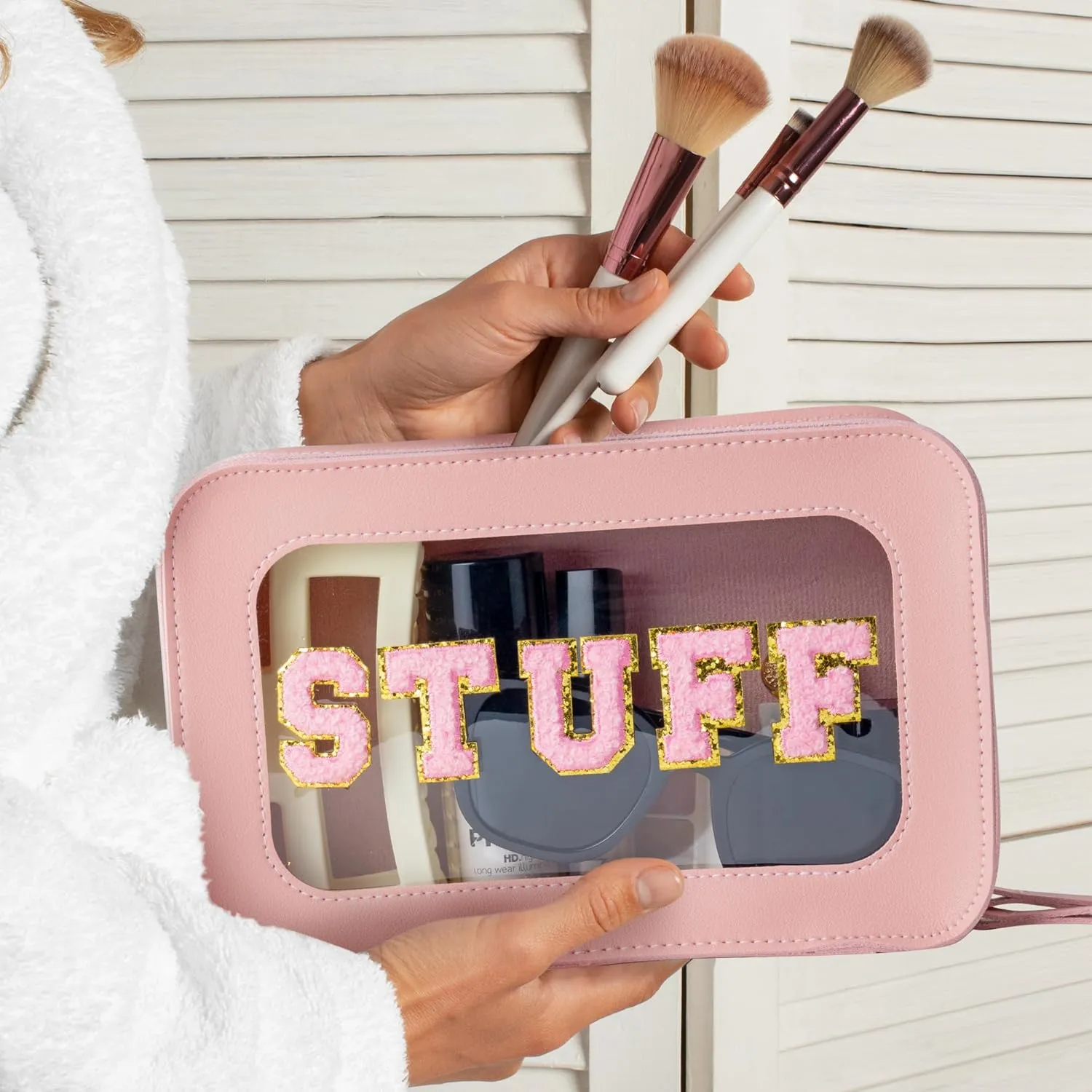 Y1tvei Makeup Bag for Women, STUFF Clear Cosmetic Bags Travel Toiletry Bag, Heavy Duty Makeup Organizer, Cute Makeup Case Bag Accessories with Clear Windows & Gold Zippers(Pink)