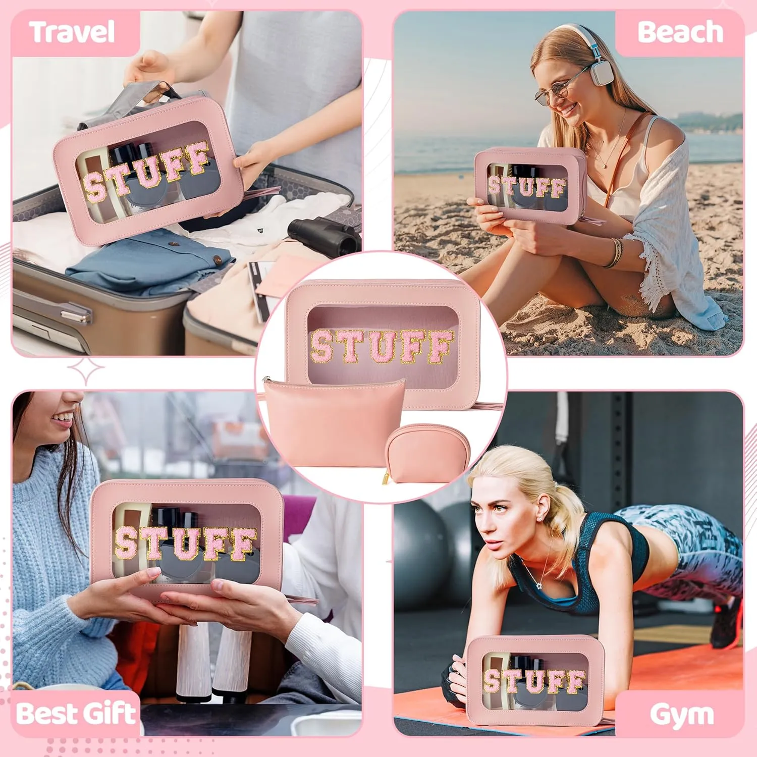 Y1tvei Makeup Bag for Women, STUFF Clear Cosmetic Bags Travel Toiletry Bag, Heavy Duty Makeup Organizer, Cute Makeup Case Bag Accessories with Clear Windows & Gold Zippers(Pink)