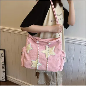 Y2K Star Hobo Bag for Women – Corduroy Drawstring Crossbody Bag, Aesthetic Travel Shoulder Tote (Pink)