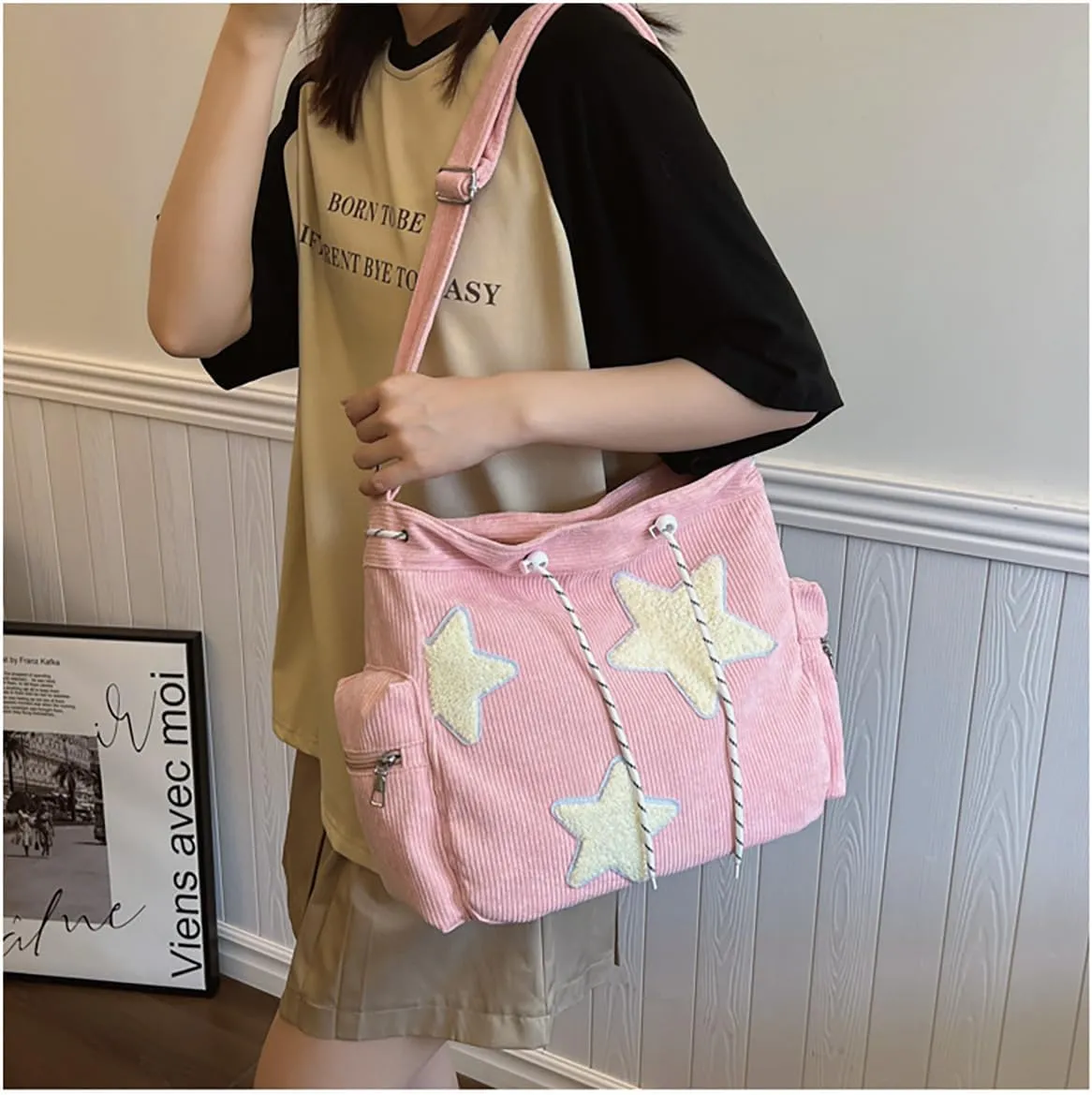 Y2K Star Hobo Bag for Women – Corduroy Drawstring Crossbody Bag, Aesthetic Travel Shoulder Tote (Pink)