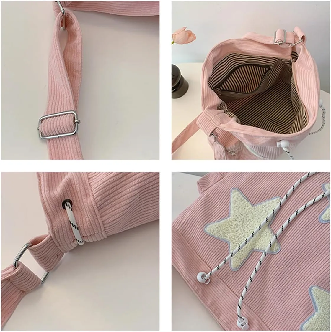 Y2K Star Hobo Bag for Women – Corduroy Drawstring Crossbody Bag, Aesthetic Travel Shoulder Tote (Pink)
