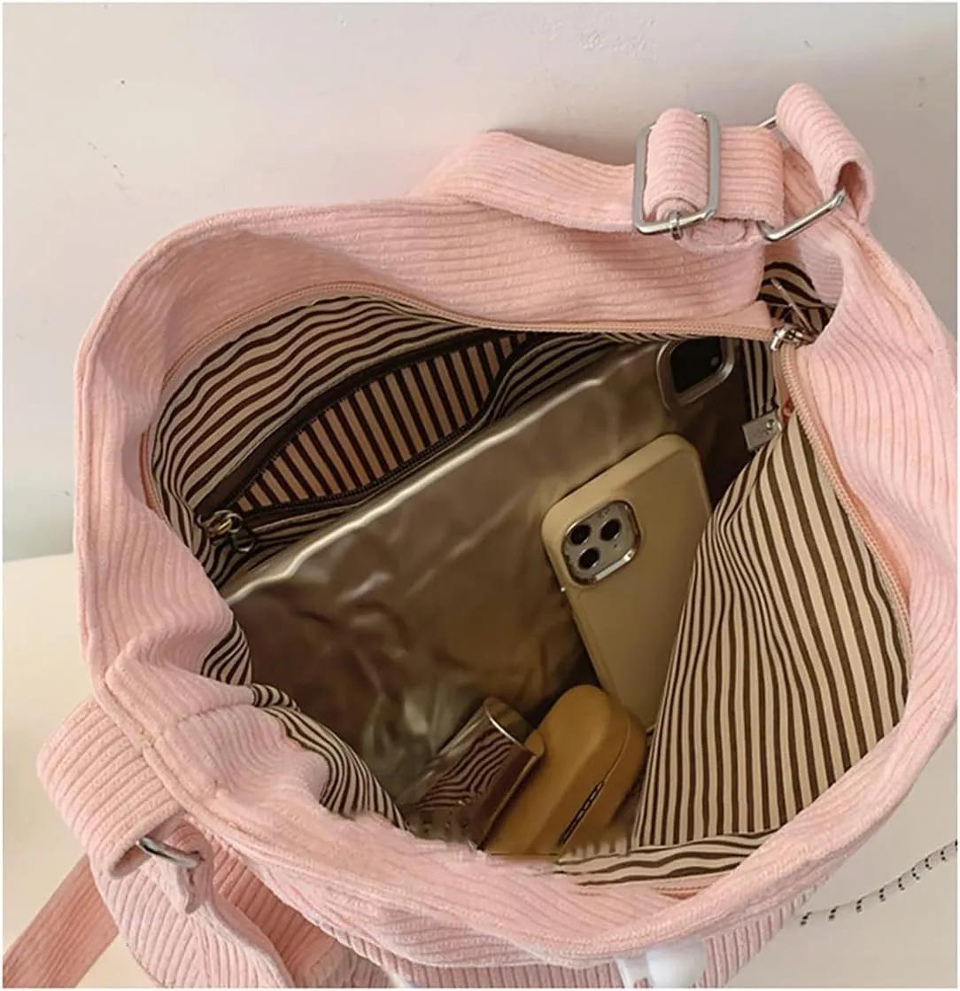 Y2K Star Hobo Bag for Women – Corduroy Drawstring Crossbody Bag, Aesthetic Travel Shoulder Tote (Pink)