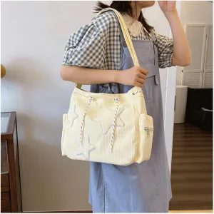 Y2K Star Hobo Bag for Women – Corduroy Drawstring Crossbody Bag, Aesthetic Travel Shoulder Tote (White)