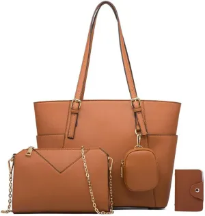 YAQUNICER Women Synthetic PU Leather Satchel Crossbody Hobo Simple Versatile 4PCS Shoulder Purse Large capacity Handbags