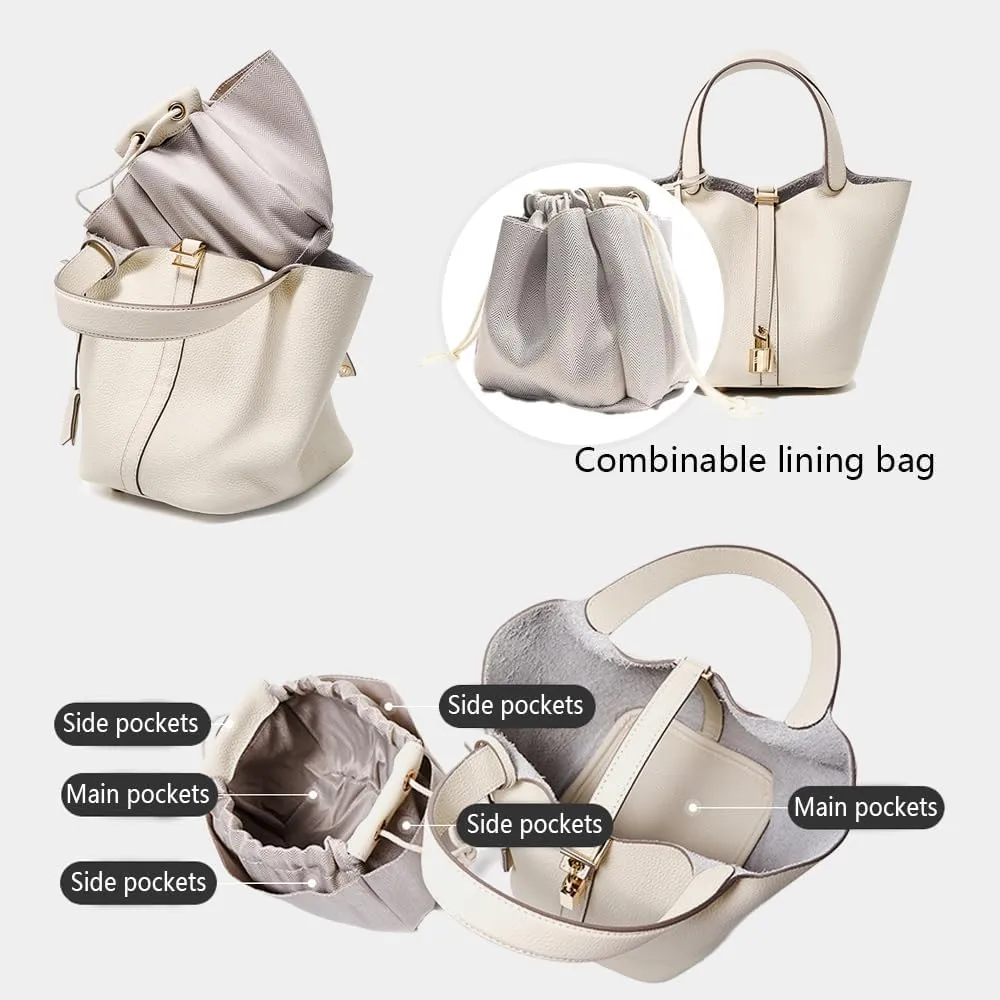 Yatoga Top Handle Satchel Genuine Leather Lock Design Bucket Bag Vegetable Basket, Fashionable and Versatile Shoulder Handbag