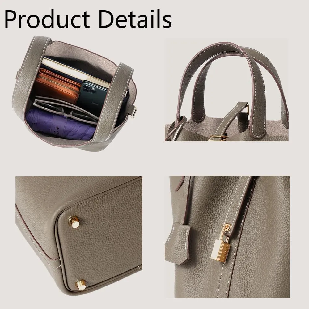 Yatoga Top Handle Satchel Genuine Leather Lock Design Bucket Bag Vegetable Basket, Fashionable and Versatile Shoulder Handbag