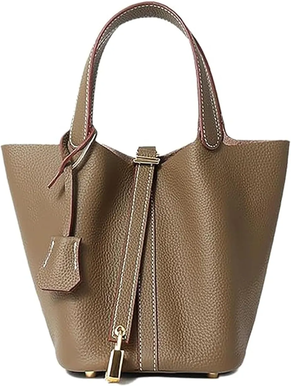Yatoga Top Handle Satchel Genuine Leather Lock Design Bucket Bag Vegetable Basket, Fashionable and Versatile Shoulder Handbag