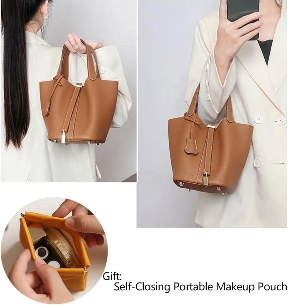 Yatoga Top Handle Satchel Genuine Leather Lock Design Bucket Bag Vegetable Basket, Fashionable and Versatile Shoulder Handbag