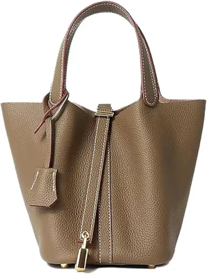Yatoga Top Handle Satchel Genuine Leather Lock Design Bucket Bag Vegetable Basket, Fashionable and Versatile Shoulder Handbag