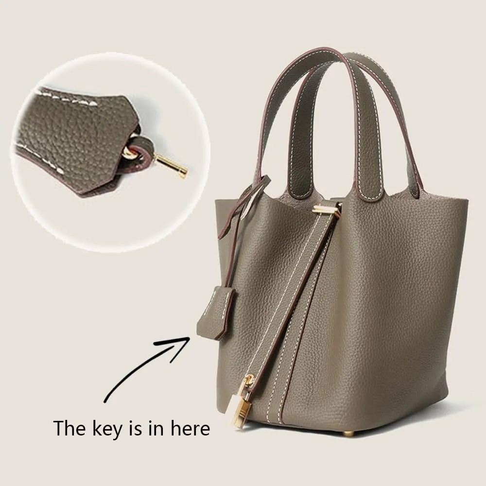 Yatoga Top Handle Satchel Genuine Leather Lock Design Bucket Bag Vegetable Basket, Fashionable and Versatile Shoulder Handbag