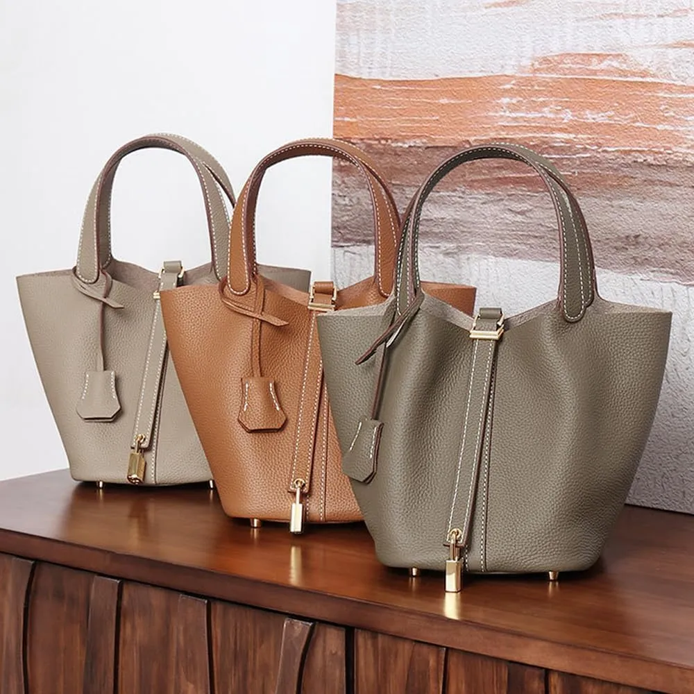 Yatoga Top Handle Satchel Genuine Leather Lock Design Bucket Bag Vegetable Basket, Fashionable and Versatile Shoulder Handbag
