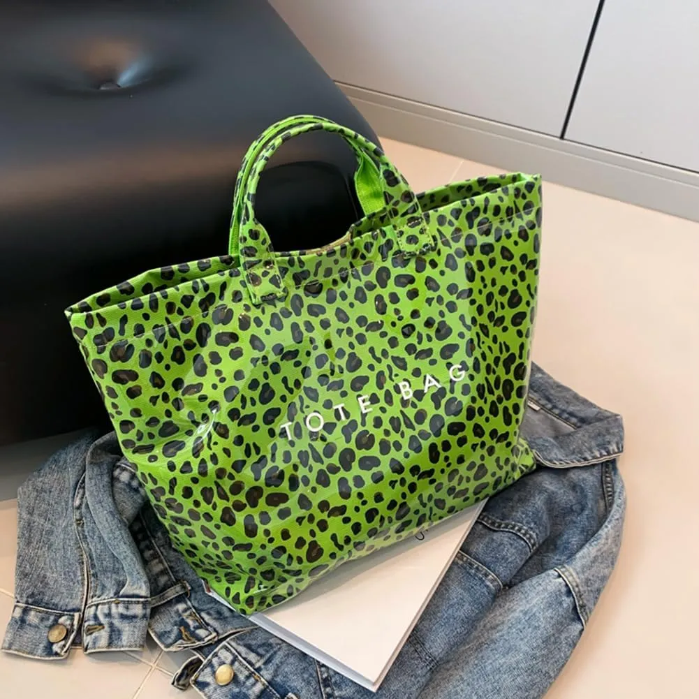 YFGBCX PVC Tote Bag for Women,Leopard Print Purse, Cheetah Letter Print Tote Handbag Clear PVC Carry All Bag Hobo Handbag